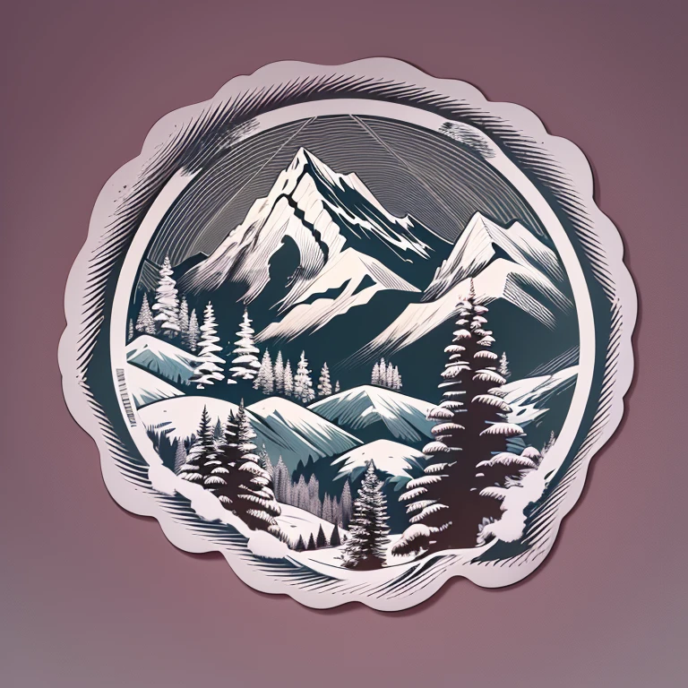 (Sticker),White background,(in circle), winter mountain with pine tree, ,Simple, Ultra detailed, Detailed drawing, vectorised, Silhouette, 8K, professional sticker design, Flat design, Vector lines, Sticker, Full-HD