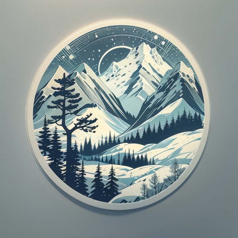 (Sticker),White background,(in circle), winter mountain with pine tree, ,Simple, Ultra detailed, Detailed drawing, vectorised, Silhouette, 8K, professional sticker design, Flat design, Vector lines, Sticker, Full-HD, cubism style