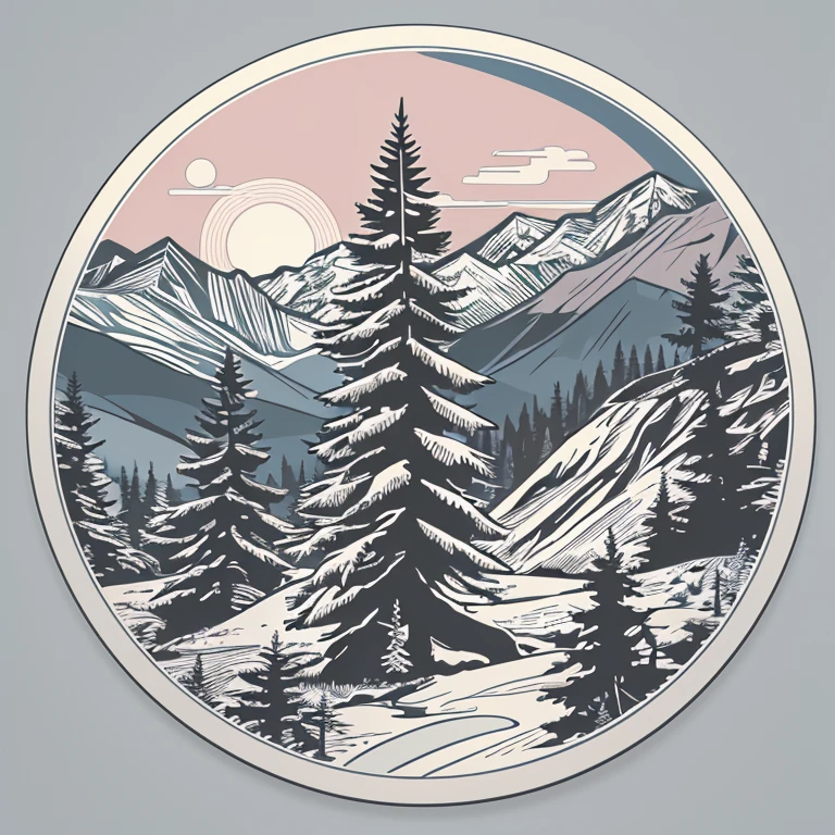 (Sticker),White background,(in circle), winter mountain with pine tree, ,Simple, Ultra detailed, Detailed drawing, vectorised, Silhouette, 8K, professional sticker design, Flat design, Vector lines, Sticker, Full-HD