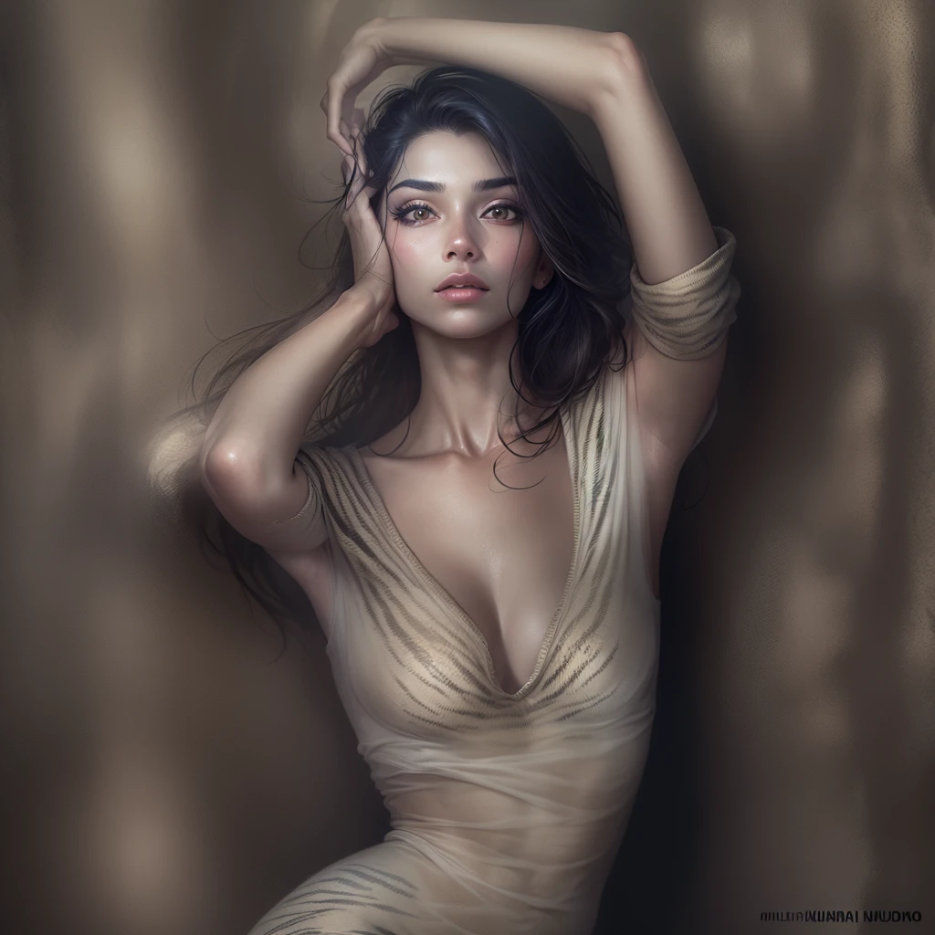 Explore the aura of mystery in the over-the-shoulder pose. Highlight the gentle curve of the neck and the captivating expression of the face, engaging the viewer with a sense of intriguing fascination, (linda mulher morena suando, olhos azuis e seios grandes, corpo inteiro, roupas transparentes, correndo no deserto com um tigre ao seu