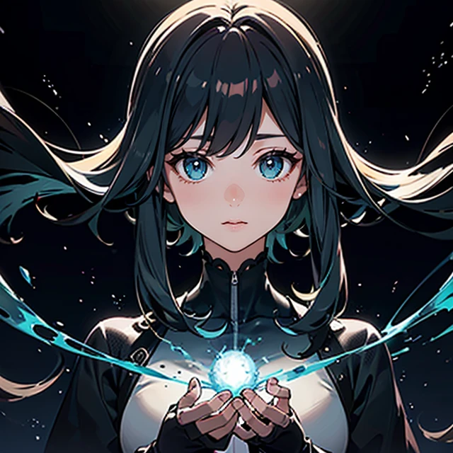 dark sorceress, magician, long black hair, blue eyes, beautiful breasts, magic, fantasy, medieval, night, brightness, lens reflections, winter