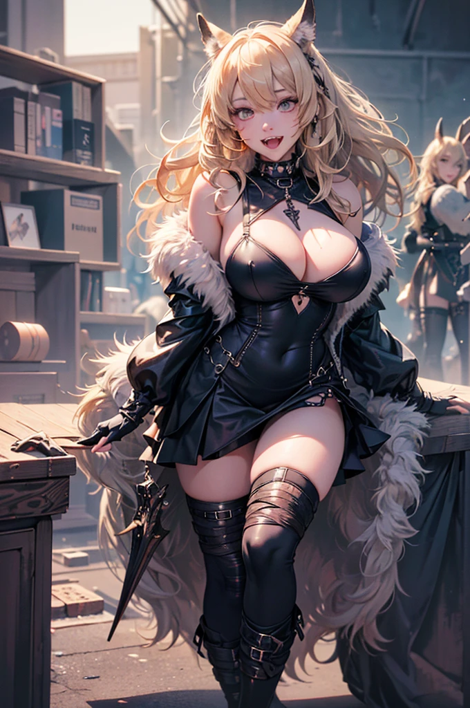 1 girl, portrait, best quality, masterpiece, Anime style vampire girl, chubby body, cute girl, moe, moe blob, chubby face, big breasts, wide hips, big ass, thigh gap, black dress, bodycon, minidress, split dress, fangs, night time, demon dogs, werewolves, bats, wolves, hellhounds, hellfire, gothic, dangetous,  goth girl, happy face, smile, teeth, open mouth, leaning forward, beconing viewer, slutty girl, sexy girl, ripped clothes, camel toe, upskirt, visible panties, see through dress, high nipples, voluptuos body, tall girl, breasts bursting out of dress, tight fabric stretched over enormous breasts, fur coat, fur collar, ermine fur, open coat, big hair, messy hair, wild hair, really long hair, flowing hair,micro skirt, really short skirt, tiny skirt, half covered panties, white panties, low cut dress, visible cleavage, mega cleavage, mega boobs, boobs bigger than her head, giant boobs, unreal boobs, giant tits, enormous tits, gg cup tits, visible areola, bbwchan. Voluptuos body, cute chubby face, fat face, dynamic pose, giant wolf, dire wolf, monsters