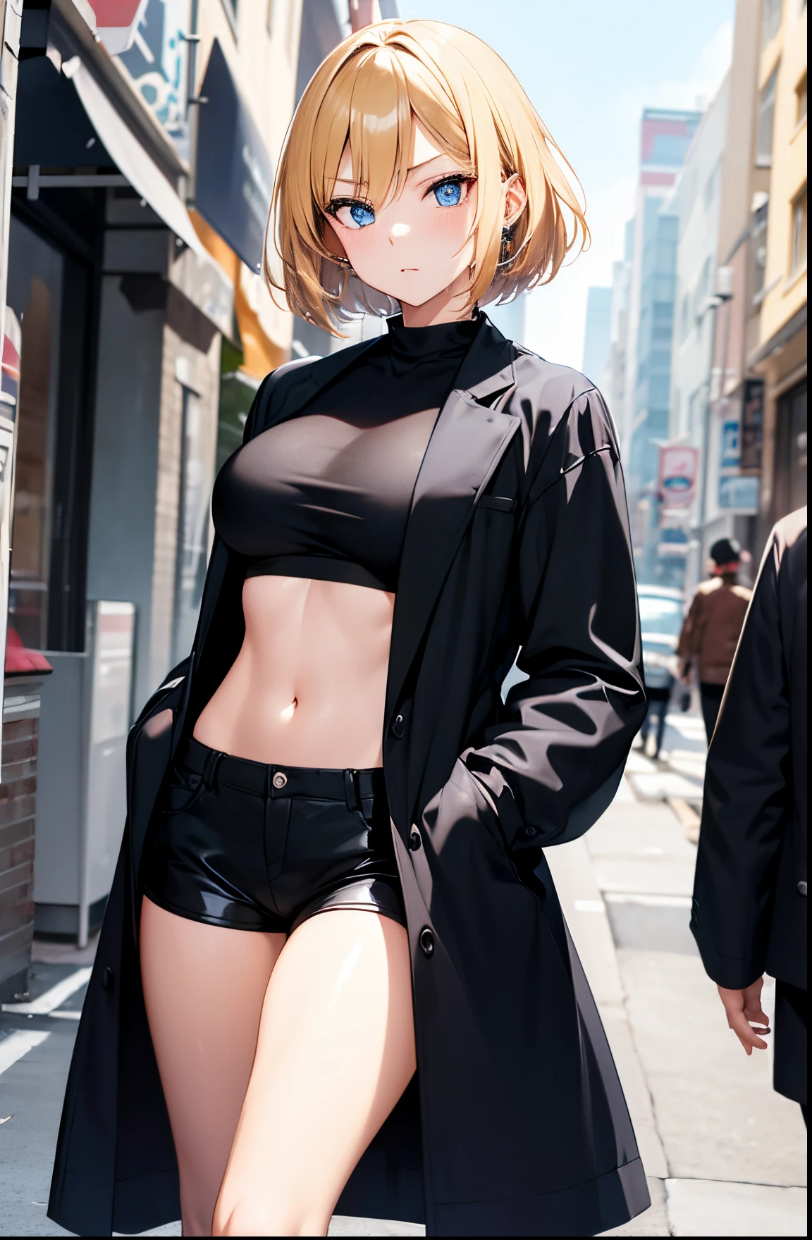 2D Anime Style、Blue eyes、Beautiful shining eyes, (Talented lo-fi:1.3),breasts are slightly larger、high and beautiful nose,Beautiful face with slender contours,A cool adult woman with short blonde hair and an angry expression looking up..............、Fashion that shows off your stomach, He is wearing an unbuttoned black shirt and black shorts。。。。。。..,wearing black coat,walking down the streets of america,