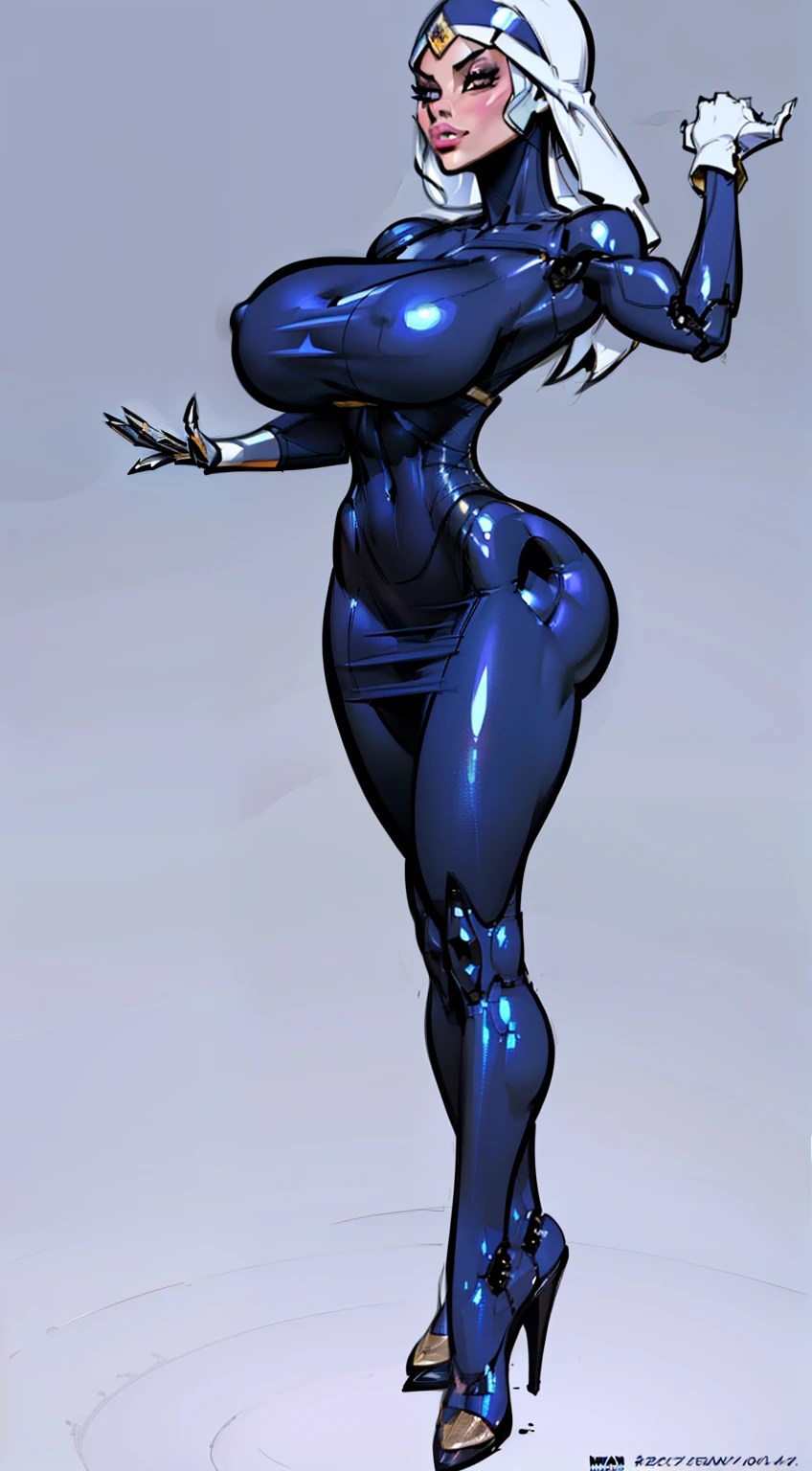 ((masterpiece)),(((best quality))),((character design sheet)), ((full body view)) mature face, defined cheekbones,((long hair:1.2)), Perfect Beautiful , (robot Face) ,((chrome skin:1.1)), (silver arms, silver face, silver legs) ((android woman)),((metallic android)), long Hair , Black Gothic Nun Dress , Athletic Body , ((metallic legs:1.2)), Realistic Lighting , Gothic Makeup , Posing Like a Model , Look at Viewer, cool lighting, ((cool ambiance light:1.0))high cheekbones, illustration, muscular, sexy bimbo, (gigantic breasts:1.3) ((detailed face:1.4)) beautiful woman, shiny skin, scribbles and marks,(puffy lips:1.4) , rough sketches, pose, 8k,16k, (simple background, white background: 1.3) ((cool color palette)),