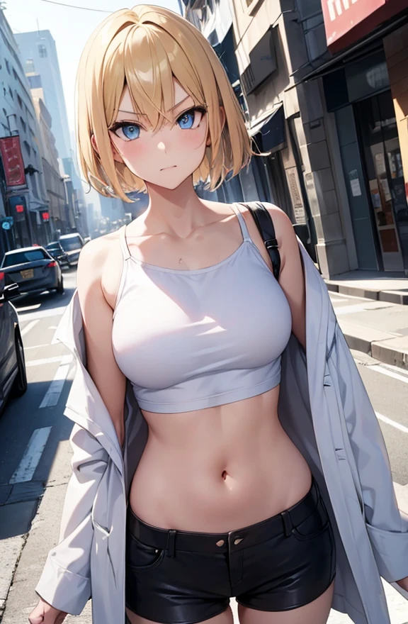Thin woman 27 years old ((defined body)) ((natural blonde)) short hair androgynous style, ((light blue eye)) is standing on a busy highway wearing a white top and blue jeans ((scars on the body)) defined abdomen ((woman sexy))