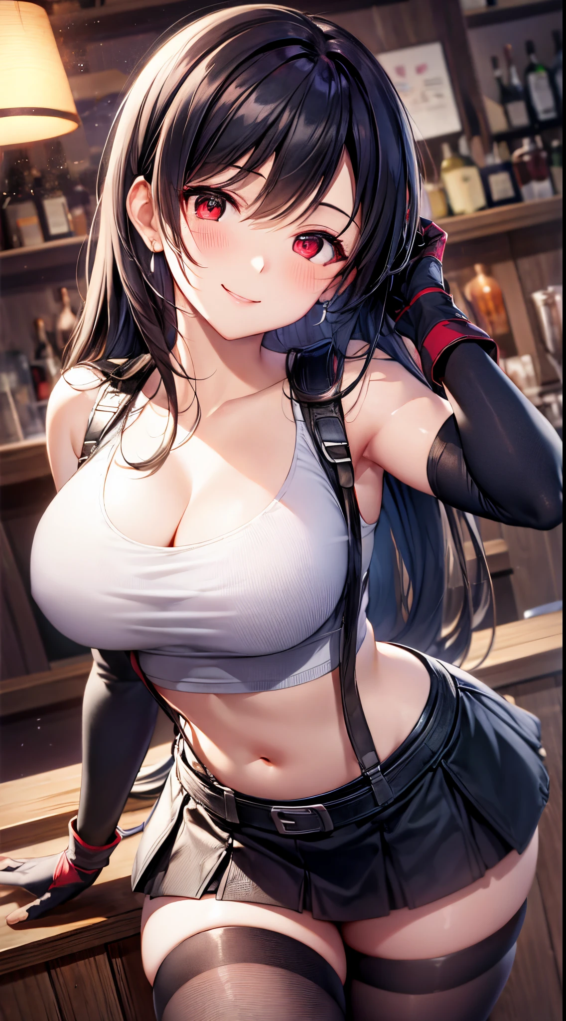 best quality, ultra-detailed, high resolution, extremely detailed CG, unity 8k wallpaper, super detailed skin, detailed, dynamic lighting, beautiful detailed eyes, tifa ff7, 1girl, solo, looking at viewer, blush, seductive smile, white tank top, black skirt, suspender skirt, midriff, black thighhighs, red gloves, bra, zettai ryouiki, bent over, head tilt, bar counter, showing panties, dynamic angle, dynamic pose, red eyes, smile,