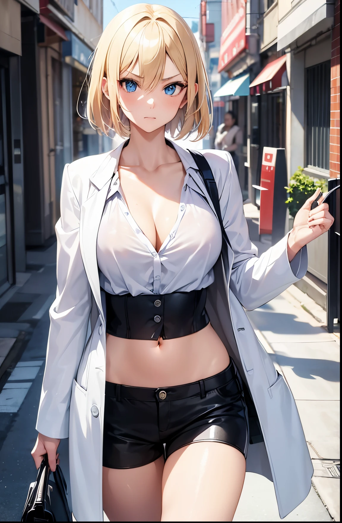 2D Anime Style、Blue eyes、Beautiful shining eyes, (Talented lo-fi:1.3),breasts are slightly larger、high and beautiful nose,Beautiful face with slender contours,A cool adult woman with short blonde hair and an angry expression looking up..............、Fashion that shows off your stomach, He is wearing an unbuttoned white shirt and black shorts。。。。。。..,wearing black coat,walking down the streets of america,
