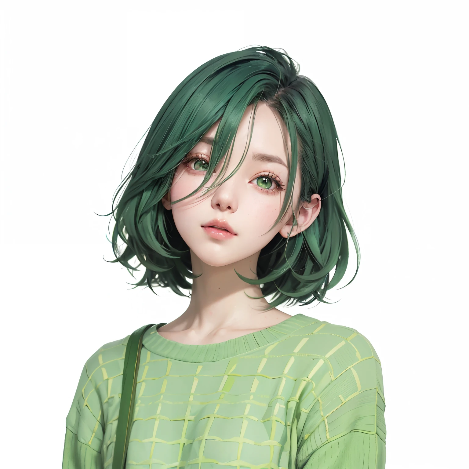 a close up of a person with green hair and a green sweater, anime style portrait, with short hair, anime style. 8k, clean detailed anime style, high quality anime artstyle, in an anime style, high quality portrait, anime style character, lofi portrait, semirealistic anime style, cute anime girl portrait, portrait anime girl, portrait of an anime girl