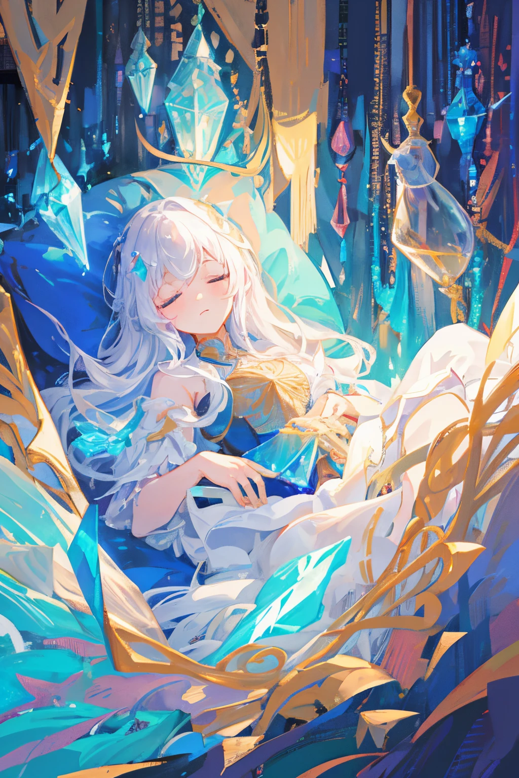 Creating an illustration of a girl peacefully sleeping within a fantastical crystal. The crystal is exquisite, and the girl inside exudes a serene beauty. The overall theme should be both fantastical and intricate, aiming for a high-quality illustration that captures a sense of magic and detail.