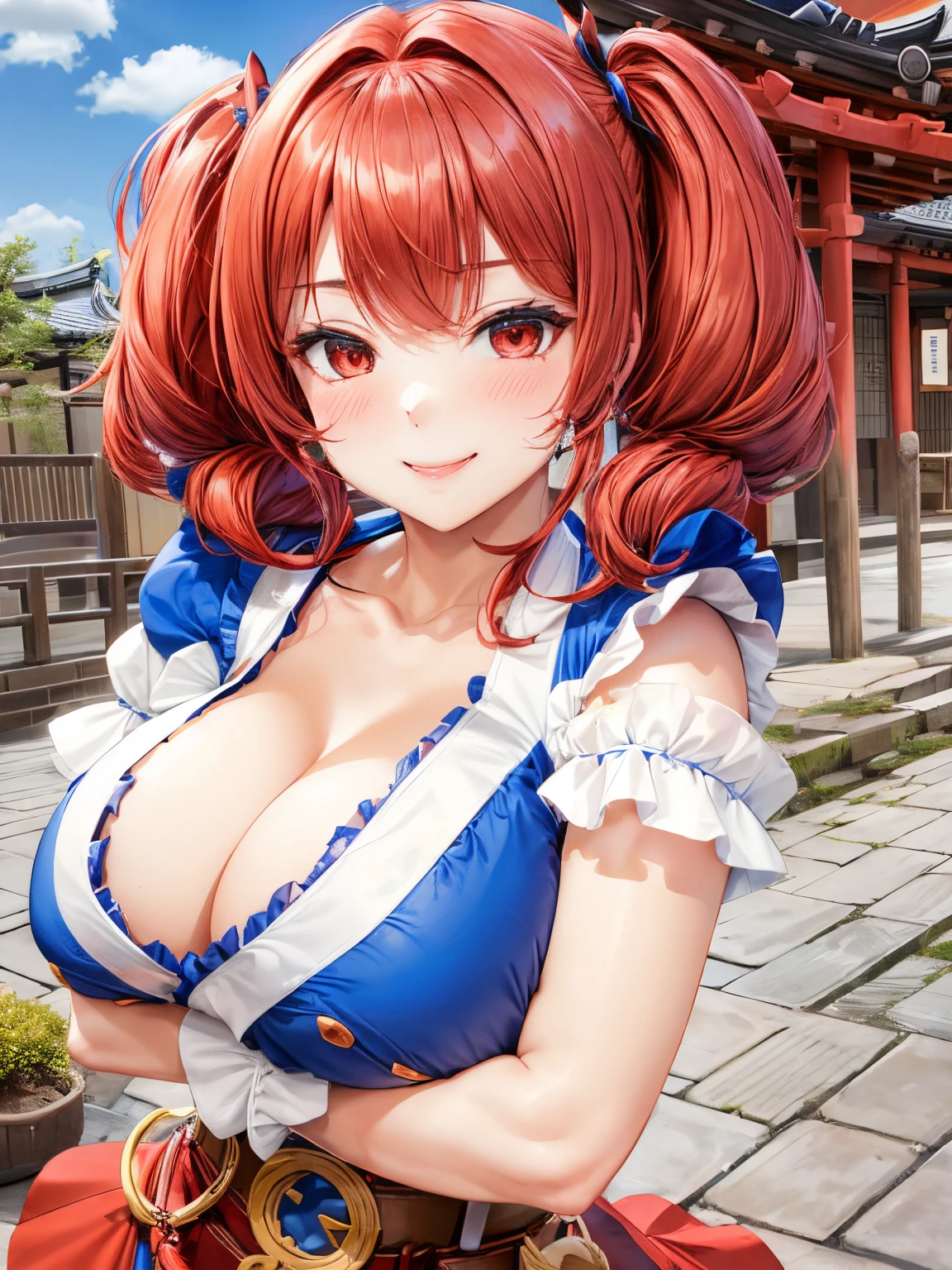 anime girl with middle red hair with two pigtails and blue dress with deep cleavage and wide brown skirt holding her chest from underneath with both hands, BREAK red eyes, red middle hair with two pigtails, two pigtails, blue dress(deep cleavage) with the white stripe near neckline, wide brown skirt, wide brown belt with a buckle in the form of a golden qian, blushed, ((huge breasts)), realistic, BREAK ((winks and smiles)), looking at viewer, ((holding her breasts with his arms crossed underneath them)), ((overfilling breasts)), BREAK stands in a square next to ancient Japanese buildings