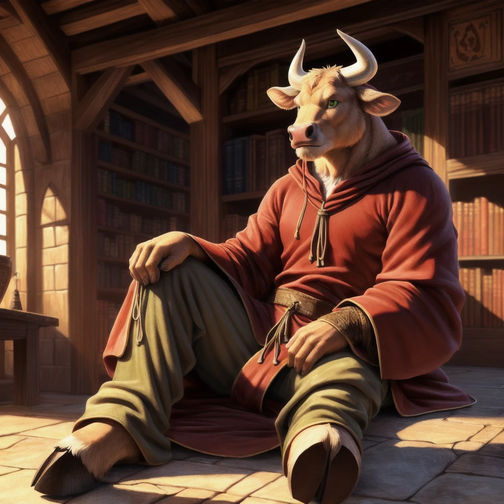 an anthro bull studying a book within a library, ((nj5furry, solo, sitting, masterpiece, anthro, male, bull-face, medium-length horns, tan colored horns: 1.5, bovine tail: 1.2, muscled body, hooves, tan colored hooves: 1.2, two-tone fur, detailed fur, brown and white furred body, small leather satchel)), calm expression, (green eyes, (loose medieval tan drawstring pants: 1.4, loose medieval red robes: 1.4)), library background, mage halls background, (animals: 0.0, people: 0.0), best quality,4k,8k,highres,masterpiece:1.2), ultra-detailed,(realistic,photorealistic,photo-realistic:1.37),drawn with colored pencils, richly detailed, traditional style landscapes, scenic beauty, beautifully detailed books, fine textures, soft and vibrant colors, sunlit atmosphere, tranquil and peaceful ambiance, impressionistic brush strokes, focus on foreground and background, depth and perspective, ethereal lighting effects, close-up camera angle