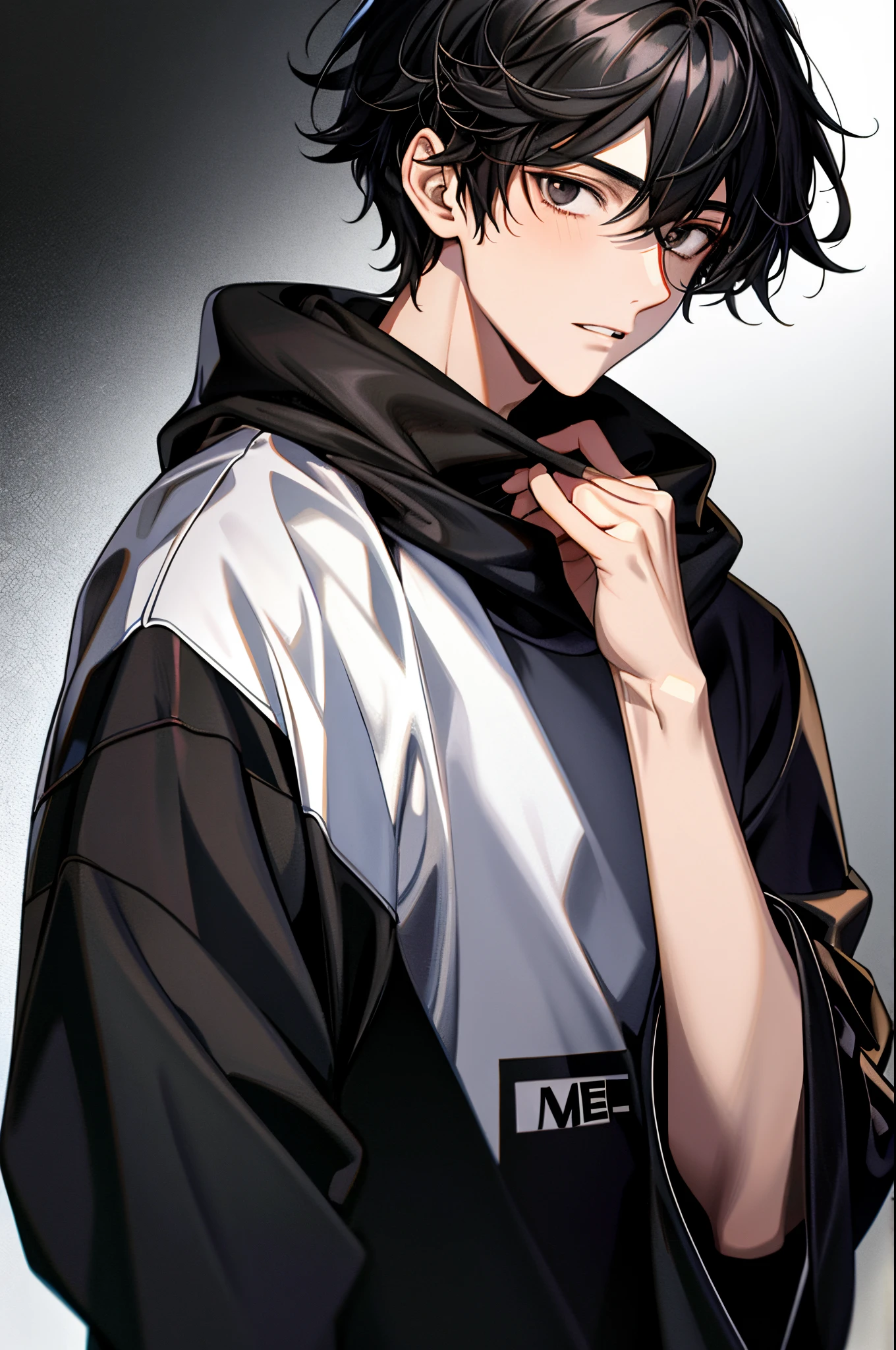 Masterpiece, detailed picture, 20-year-old guy, upper-body, black  hair, black eyes, gloom, Wearing a sweatshirt, empty background.