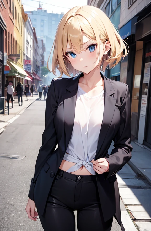 2D Anime Style、Blue eyes、Beautiful shining eyes, (Talented lo-fi:1.3),breasts are slightly larger、high and beautiful nose,Beautiful face with slender contours,A cool adult woman with short blonde hair and a serious expression looking up................、Fashion that shows off your stomach, He is wearing an unbuttoned white shirt and black pants。。。。。。..,wearing black coat,walking down the streets of america,