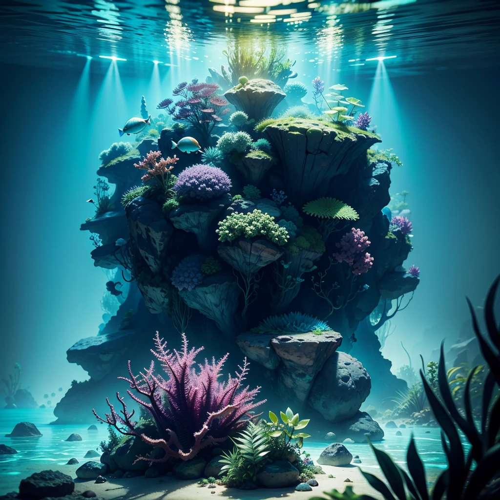 Jungle underwater with aquatic life, Octane render, Cinematic lighting, Macro photography, Macro lens, otherworldly, highly detailed