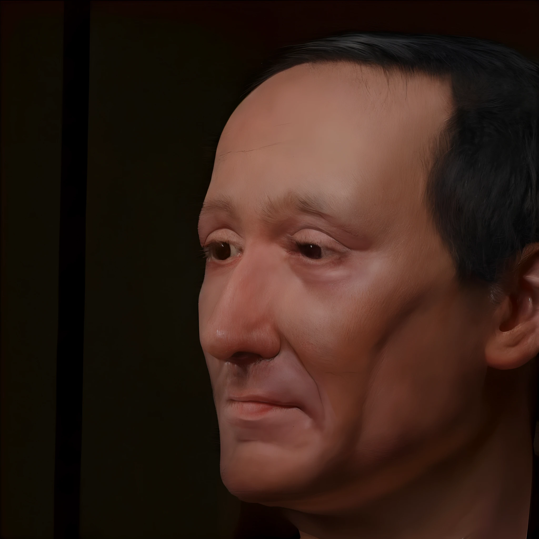 arafed head of a man with a black hair and a black shirt, realistic restored face, portrait of male humanoid, humanoid portrait, realistically rendered face, realistic human face, portrait of a starving ai artist, photo-realistic face, hyperrealistic face, real human face with skin, human face realistic, creepy uncanny valley, extremely realistic face