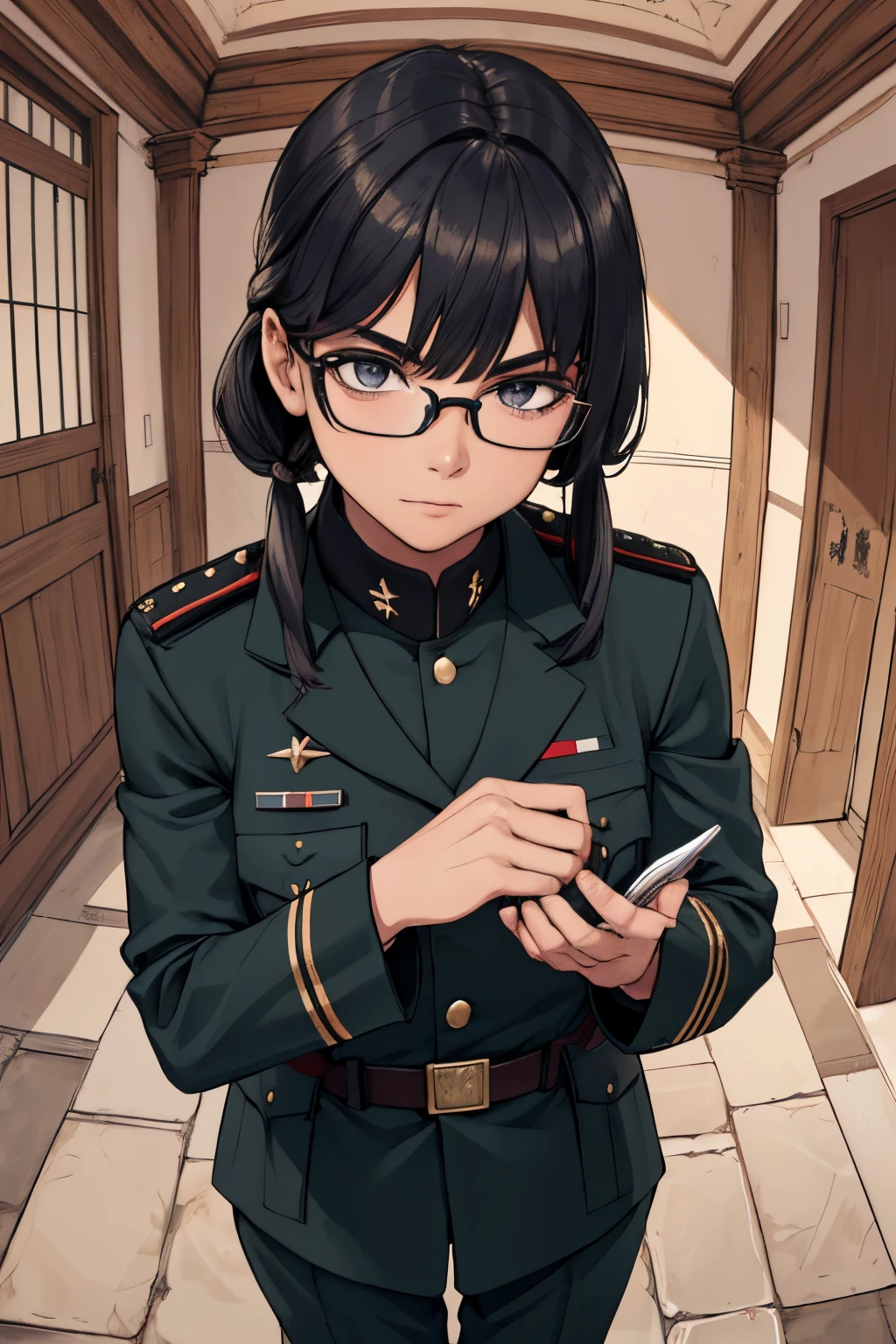 Soldados varones，Uniforme militar oscuro, Hombre con gafas, Los rasgos faciales son duros y guapos, rasgos faciales delicados，Exquisito uniforme militar， Sostenga un arma con ambas manos，Fusil de asalto QBZ, Pintura digital 8k, Fanart de alta calidad, Estilo de arte de detalle，Las miradas de la lente, La parte superior del cuerpo，estereogramas, Tachi-E, view angle, atmosphric perspective, Perspectiva en primera persona, 8k, Super detail, ccurar, La mejor calidad, hiper HD, piel texturizada, Super detail, Detalles altos, A high resolution, 1080p
