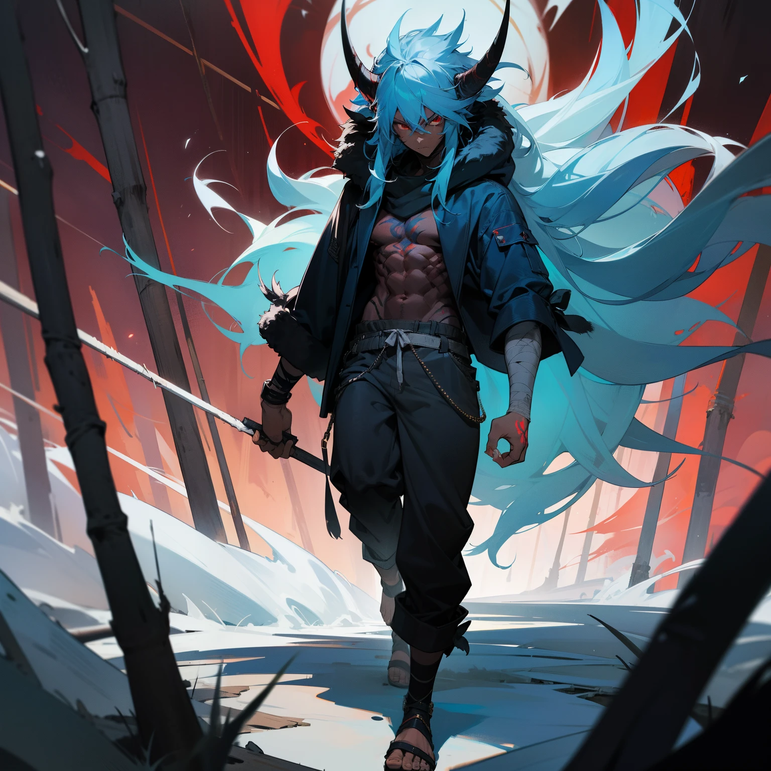 masterpiece, 1male, adult, casual clothes, oversized fur hood, pants, long messy blue hair, malicious expression, red eyes, dark skin, bandages wrapped around arms and hands, scars, walking down path, dark forest, horn, muscular, tattoos