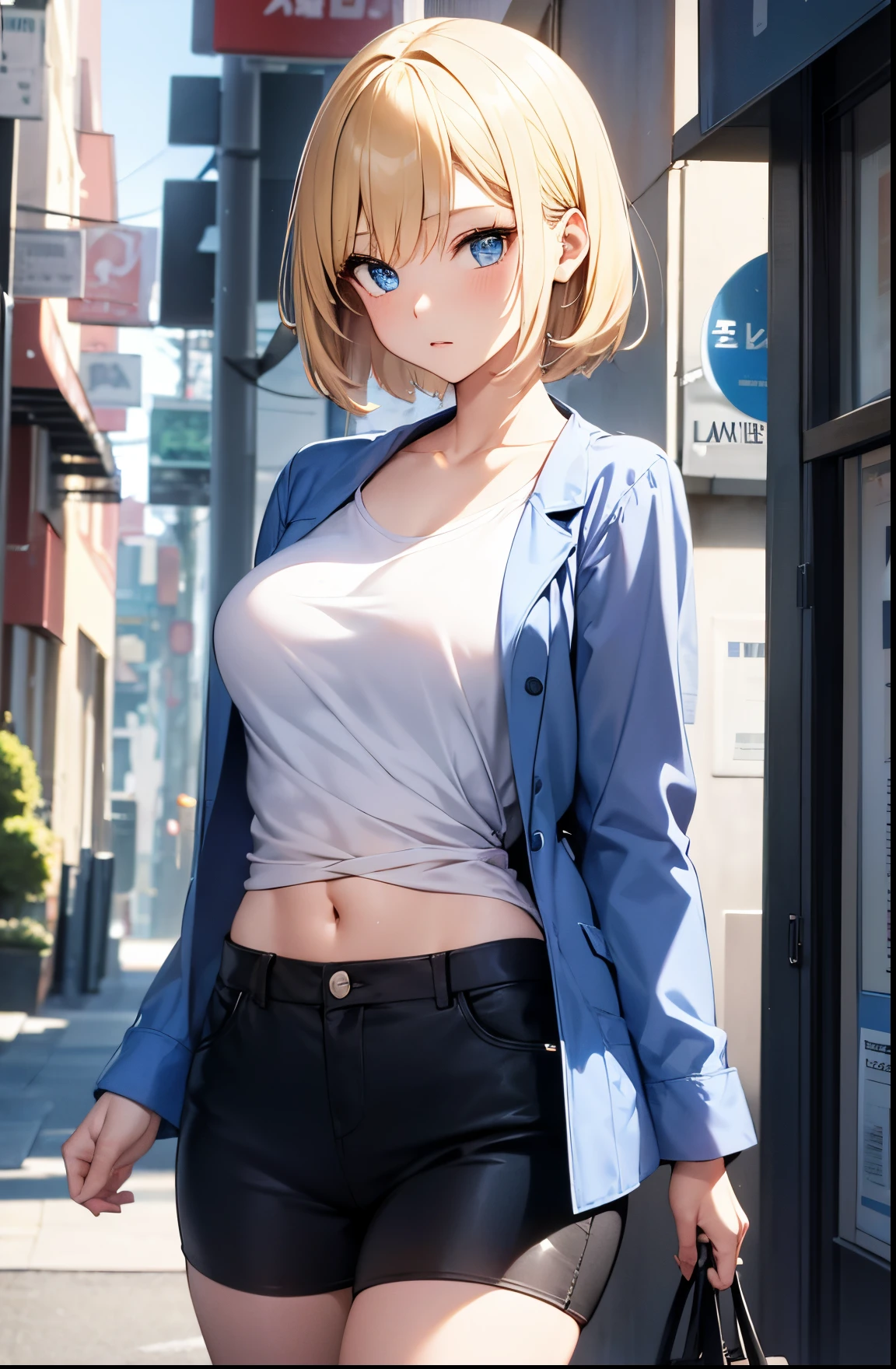 2D Anime Style、Blue eyes、Beautiful shining eyes, (Talented lo-fi:1.3),breasts are slightly larger、high and beautiful nose,Beautiful face with slender contours,A cool adult woman with short blonde hair and a sharp expression looking up................、Fashion that shows off your stomach, He is wearing an unbuttoned light blue shirt and black shorts。。。。。。..,wearing black coat,walking down the streets of america,