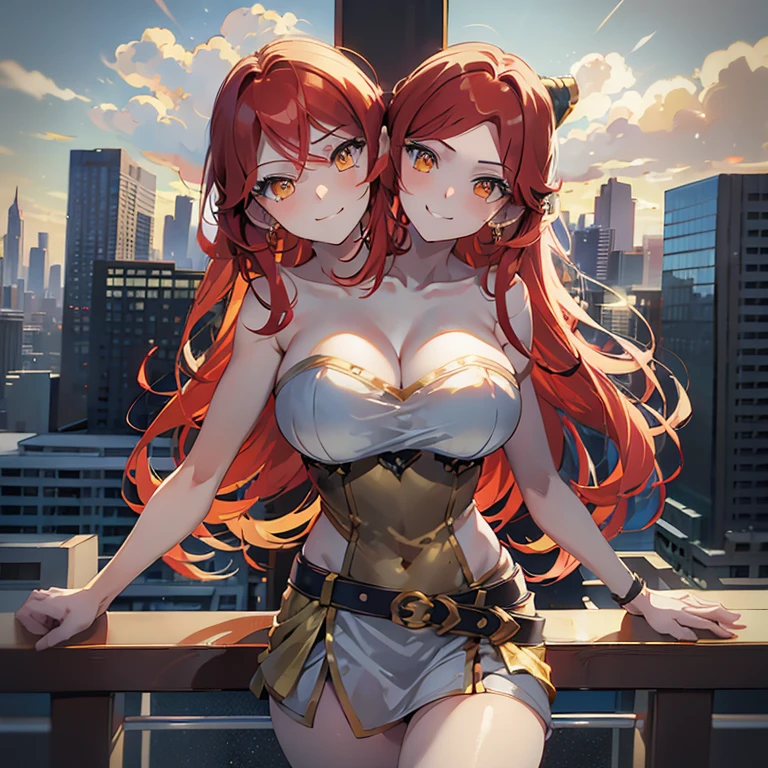 masterpiece, best quality), best resolution, (2heads:1.5), 1girl, red hair, identical hair color, yellow eyes, smug, cheerful, light gray outfit, city skyline background, fighting pose