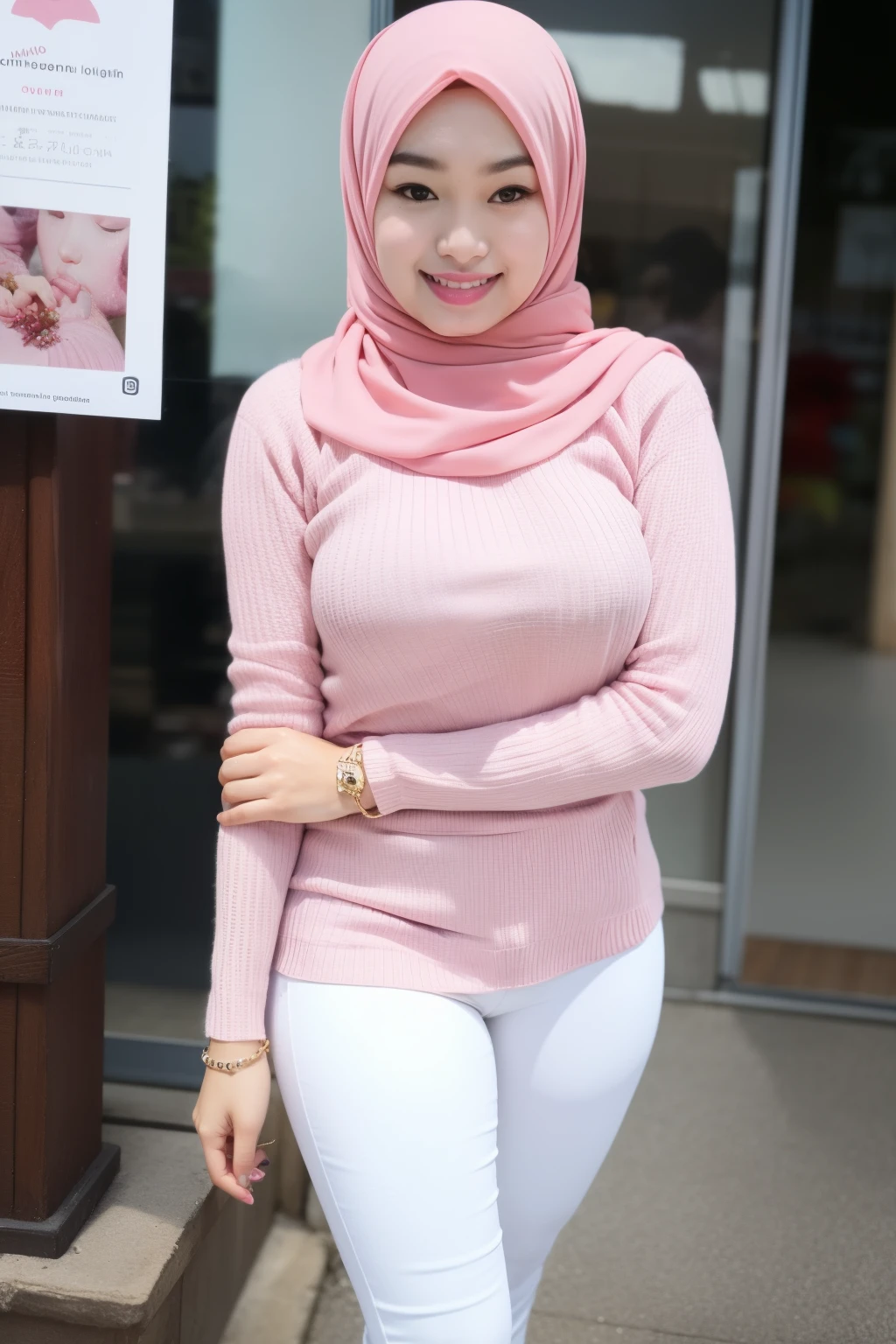 mira filzah squat and laughing, squatting, seducing,open leg, wearing jacket with pastel color singlet and pink short skirt in nighttime restaurant, (mira filzah:1.4), wearing hijab, pastel color hijab, small breast, flat chest, bright lighting,