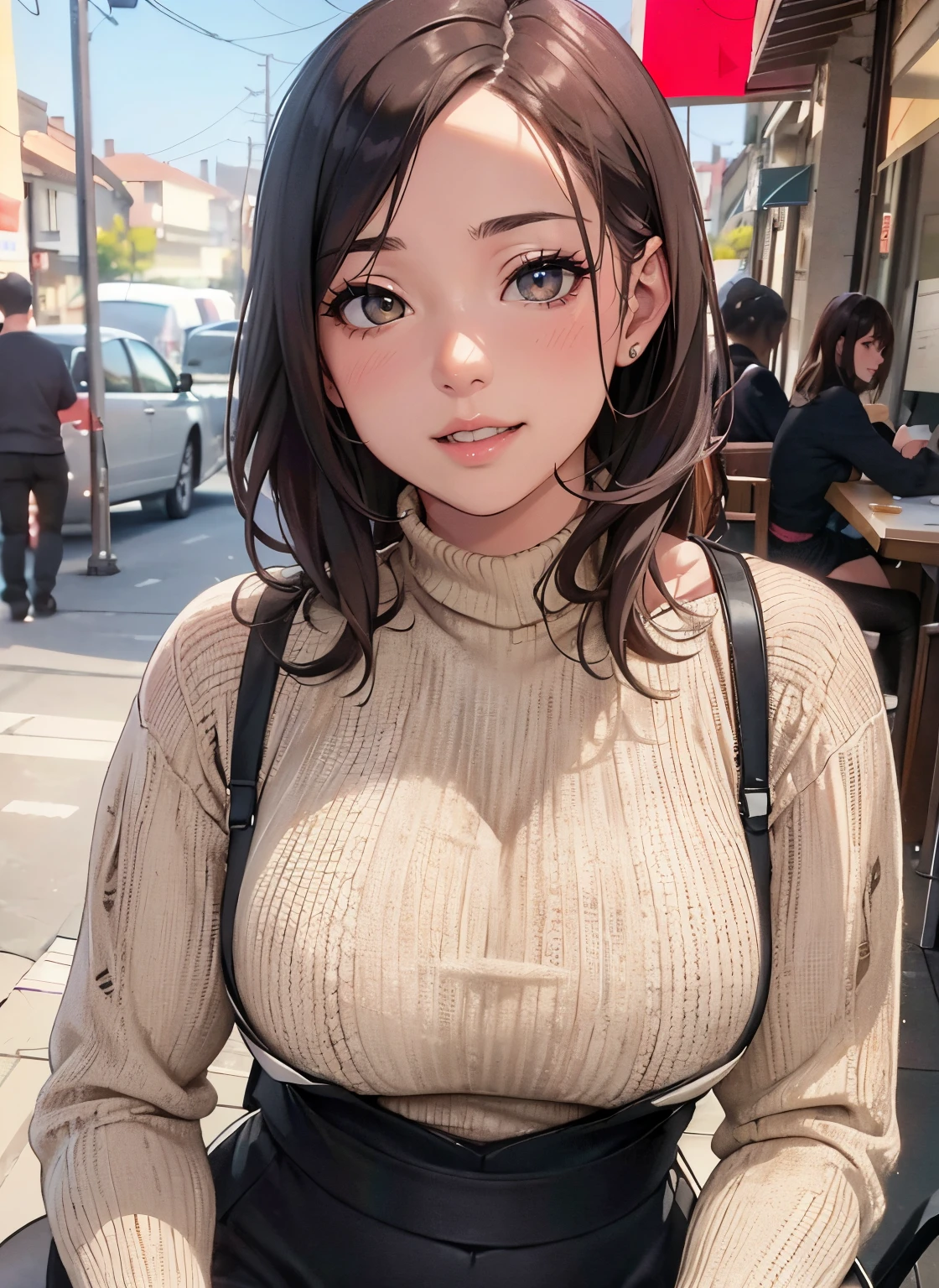 (Best quality at best,4K,8K,A high resolution,tmasterpiece:1.2),ultra - detailed,(actual,realistically:1.37),HighDynamicRange,hyper HD,Studio lighting,Ultra-fine painting,Focus sharp,physically-based renderingt,Extremely detailed description,professional,terror,japanese manga,sci-fy,photography of,Concept artist, Close-up of a woman sitting on a chair in a cafe, Wearing a rattan tight sweater with a black suspender skirt, A smile, White skin of the, Colossal tits, Crazy breast swelling, Chest larger than shoulder blades, Fitness model, Ruddy cheeks