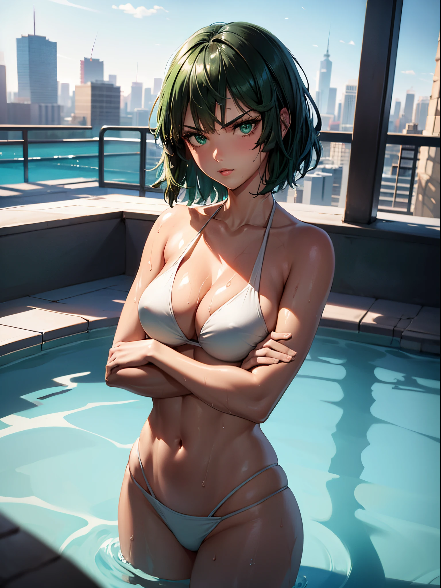 1girl, short green hair, green eyes, ((white bikini, standing, crossed arms, thighs focus, smug, in a pool, wet body)), curvy figure, overlooking city, blush, day
BREAK
(((Masterpiece))), ((Highly detailed character)), ((perfect eyes)), ((perfect face)), ((best quality)), ((perfect hands)), high resolution, highly detailed image, thick thighs
BREAK
Beautiful background, volumetric lighting,