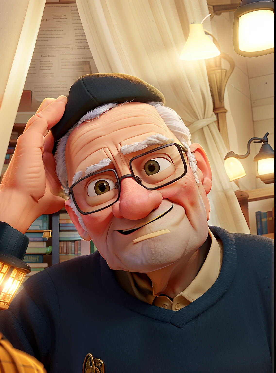 A wise old man standing in front, illuminated by the light of a lamp, against the backdrop of a library