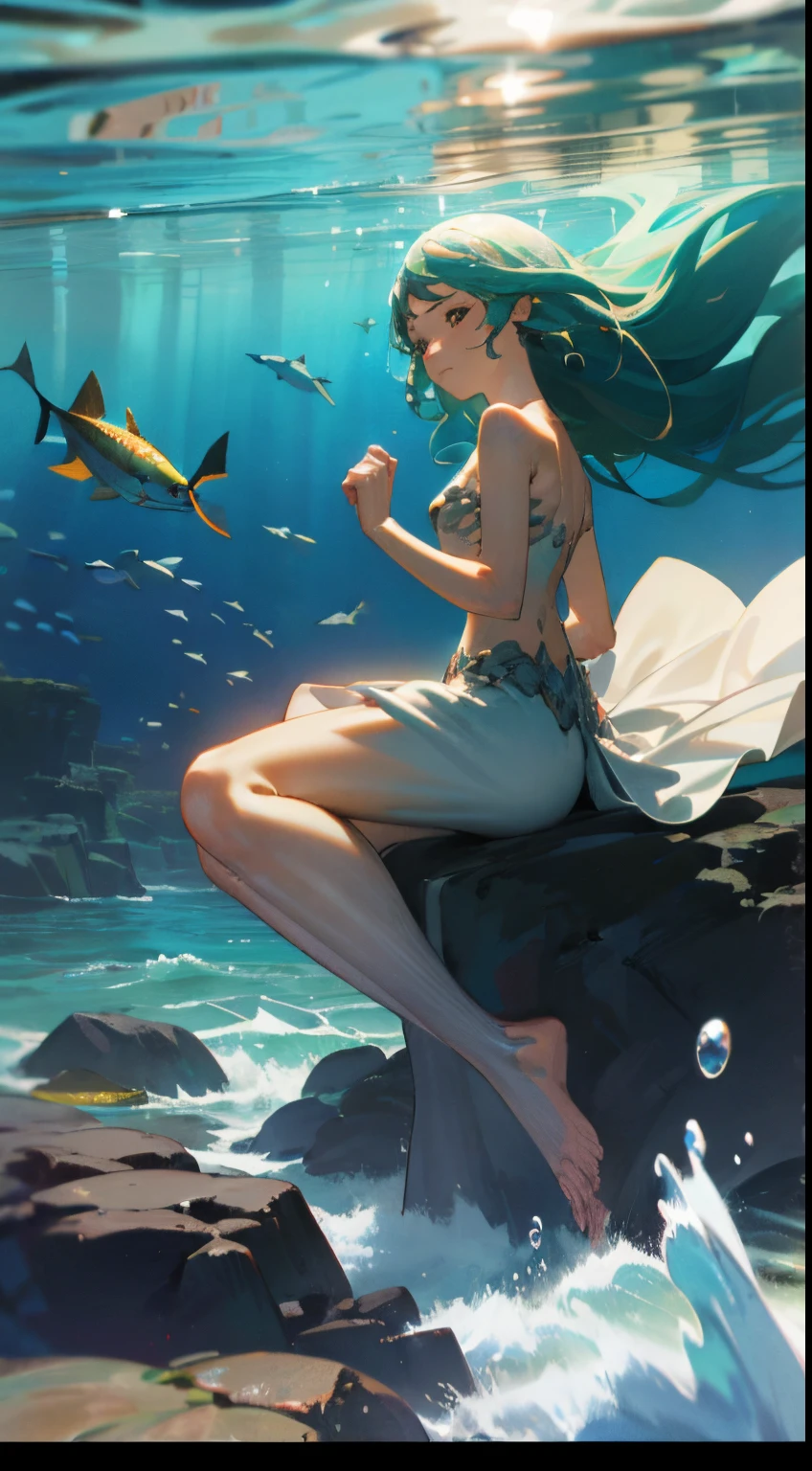 Realistic photo, best possible quality, ultra realistic, mar, fundo do mar, underwater, corais e recifes, uma sereia, Uma bela jovem mulher, with random hair moving in the water,  from waist to toe, ela tem rabo de peixe, sereia, nadando com cardume de peixes