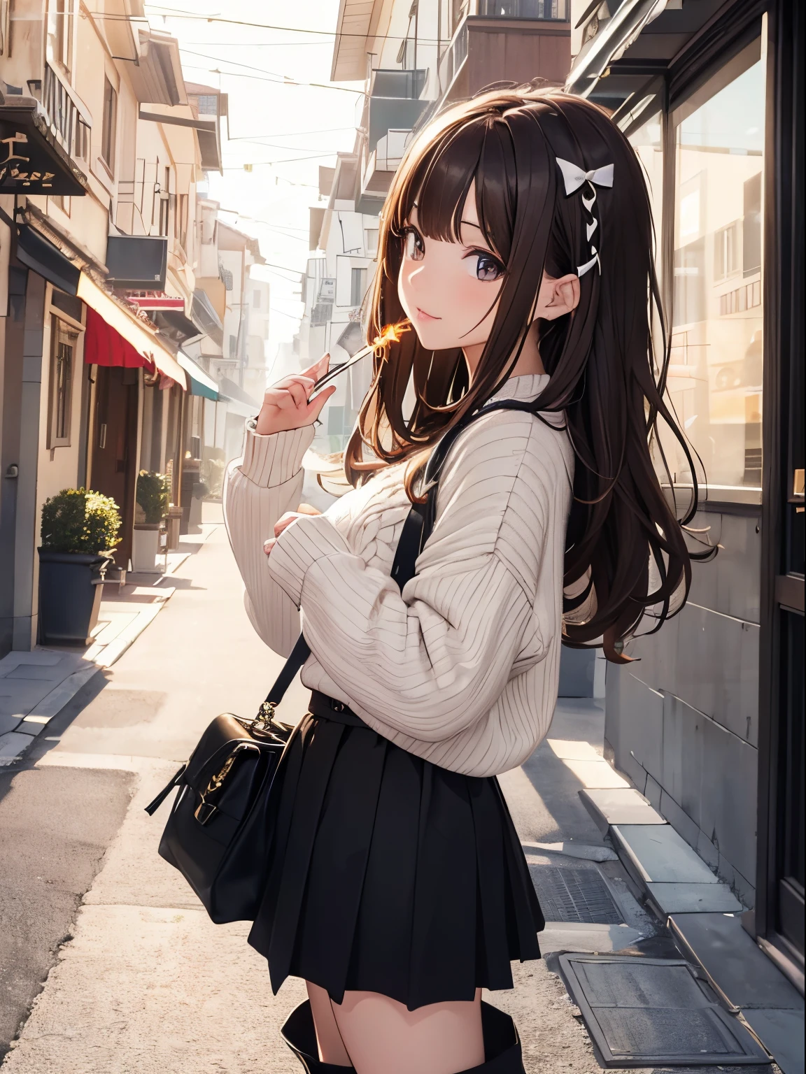 A close up of a woman in a short skirt and sweater - SeaArt AI