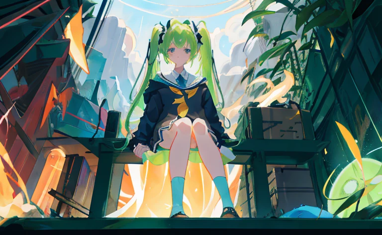 1girl, ahoge, Bangs, grass, Green_Hair, hairband, jacket, letterboxed, Long_Sleeves, olhando_at_Viewer, tie, exteriors, plant, Red_tie, Ruins, Shirt, sitting, 独奏, thighlet_strap, twintails, Cloud, Dust, Fireflies, Glowing, Light_Particles, skye, Tanabata, Tanzaku, telescope, ((illustartion)),(((Masterpiece))),((Best Quality)),(High Resolution), Hignity 8K обои,(beautiful detail eyes),(DetailedLight),(hight resolution),chiaroscuro,Sunlight, Blur_censor, blurry, blurry_Background, blurry_foreground, bokeh, ((chromatic_aberration)), depth_de_field, film_Grain, Focused, motion_Blur, photo_\(medium\), Light_rays, Dust, Fireflies, Glowing, Light_Particles, Future style \(module\), near, neon lights, haze, moss, ultra wide angle_corner, ((From Bottom)), cinematic angle, Wide_shot, very_Wide_shot, full_body,
