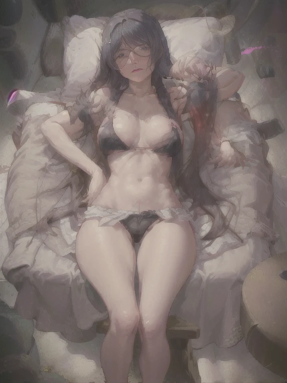  woman、fullnude、 (nose blush, , half opened eye, Drooling), [Full body shot]、BDSM、Plenty of love juice、pale pubic hair、Wearing a black dog collar with a chain attached,Full body shot,body piercings,Large open legs、Lying in bed、Hands tied above the head、Head-to-toe shots、Hand flail、fetters、Squirting、spout、There are a lot of them all over the body,The udder is squeezed out with a rope、slightly turned to the side、The lower back is cramping up and down、Chest is bobbing up and down、Crying in pain、Both legs are raised above the head in a V-shape、Swing your  up and down violently、Ahegao、Lower your  deeply、all the way to the base、The waist is on the floor、hanekawa tsubasa、her black hair is tied into two braids.、eye glass、Colossal tits、Colossal 、    Her body is tied with ropes、Chest pressure.、Lying on your back in bed、