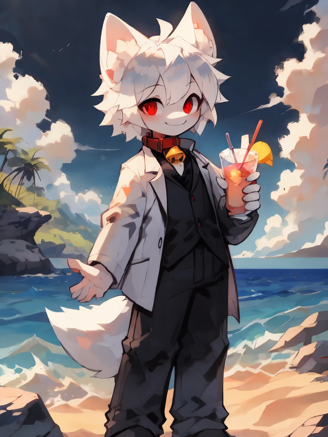 （16 years old boy）beautiful and detailed portrait of a，white color hair, 16k，stand standing，Red pupils，white wolf big ears，White Wolf Tail（White color blouse，black long pants，Black lab coat），（There is a red collar，There is a yellow bell on it）Full body lesbian，beach seaside background，ssmile