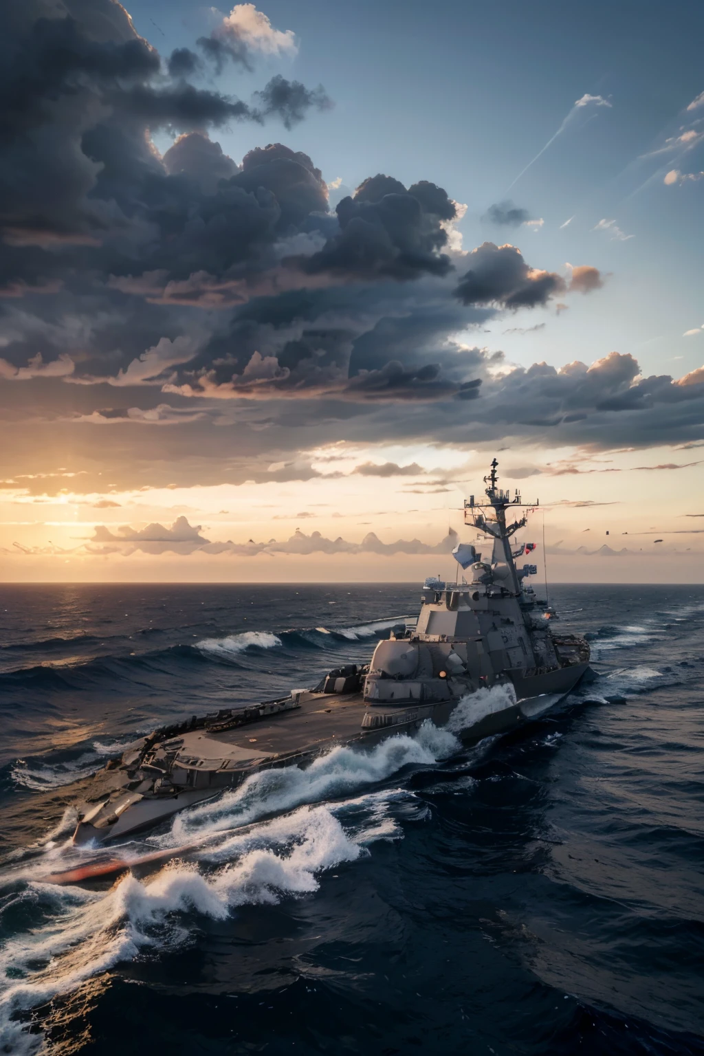 (masterpiece, best quality), 3US Navy destroyer, horizontal horizon, city skyline, sunset, medium waves, american flag, patriotic, hyper realistic, 4k