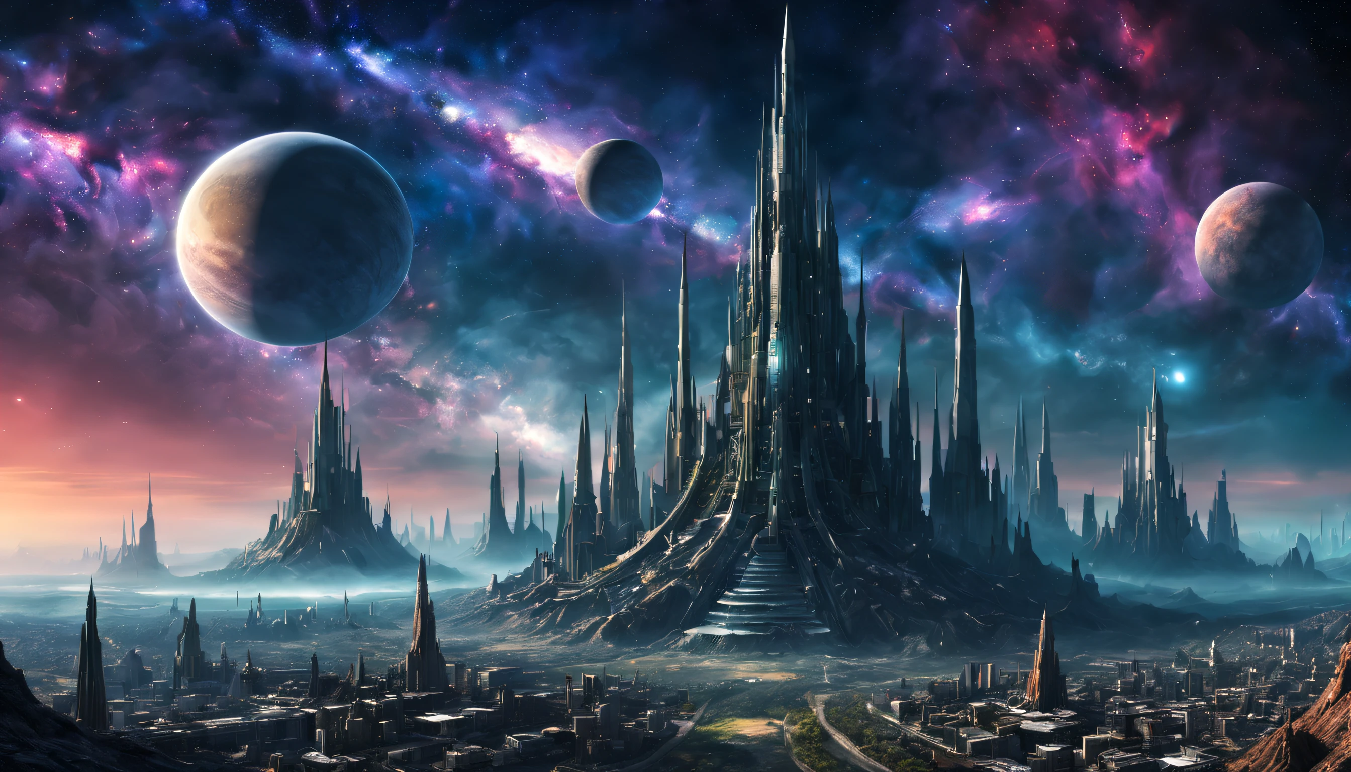 A giantic geaspatial alien city . Lot of detailled and dreaming colored. The Galaxy is visible beautiful and detailed