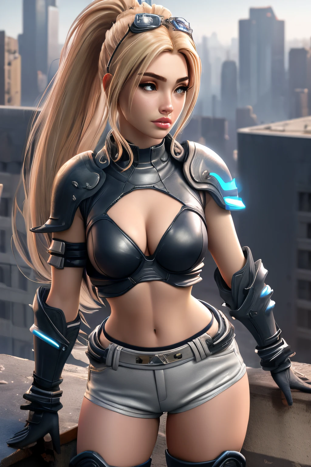 close up 1girl in, , Solo, long ponytail, straight blonde hair, super long blonde hair,  some small freckles, pale skin, full medium breasts,ge, runne (thin hips, thin waist: 1.25), (arched back:1.12), detailed skin, neutral face, pouting, revealing clothes, (wearing bralet chest armor, armored short shorts, bracers, armored boots: 1.1), (groping chest: 1.22), (sexy pose: 1.12), touch herself, (detailed cyberpunk city background:1.1), dark rooftop, overlooking apocalyptic city, 4k textures, soft light, elegant, highly detailed, sharp focus, soothing tones, insane details, intricate details, hyperdetailed, low contrast, exposure blend, hdr, faded