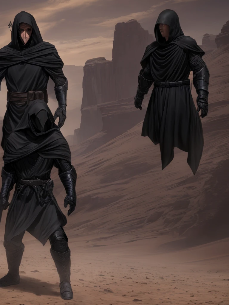 a close up of a person in a hooded outfit standing in a desert, dark robes, flowing robes and leather armor, black robes, clothed in stealth armor, streamlined matte black armor, dark robe, heavy black obsidian armor, wearing dark robes, dark hooded wraith, wearing cloak on blasted plain, ninja outfit, intricate robes, flowing robes