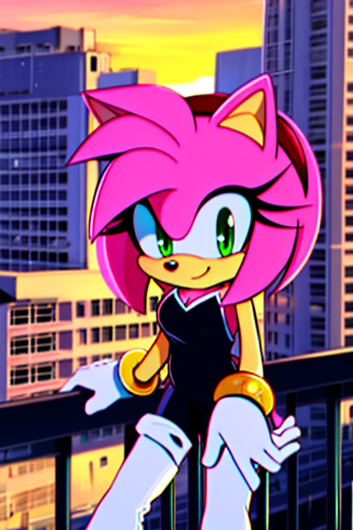 Amy Rose, 1 girl, solo, smile, green eyes, sky, outdoors, cloud, pink hair, sunset, bare shoulders, animal nose, black rubber bodysuit, pink heart on chest, cleavage, white gloves, white knee-high boots, city background, balcony, standing.