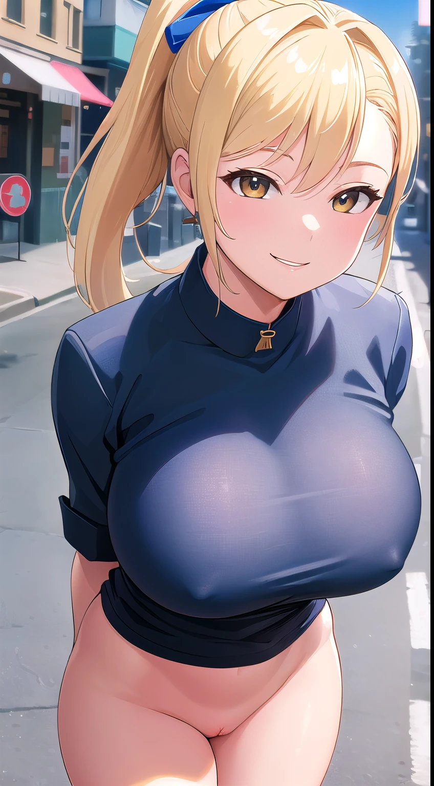 (best quality:1.5, highres, UHD, 4K, detailed lighting, shaders), blonde ponytail, busty, naked, collarless, no underwear, nice pussy, smiling, (pov, close shot), standing, street background