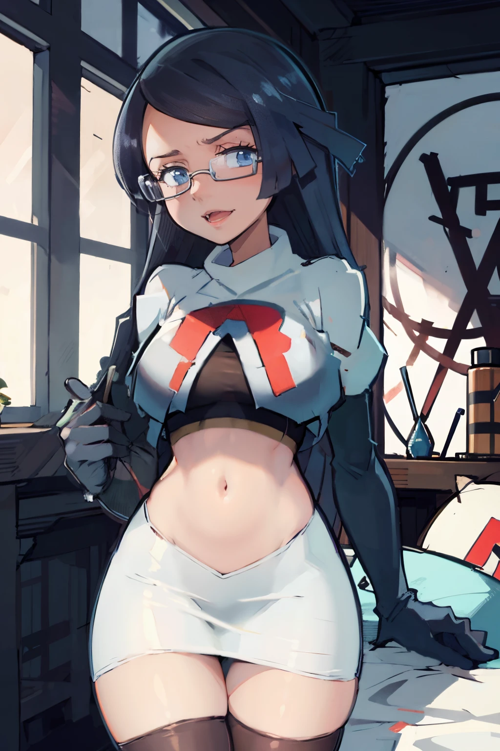fennel_pk, glasses, team rocket,team rocket uniform, red letter R, white skirt,white crop top,black thigh-highs,black elbow gloves, sinister villianess look,