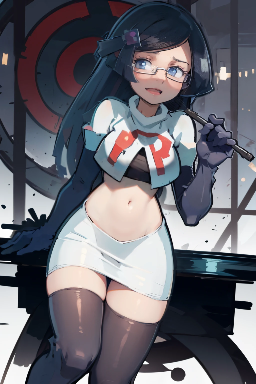 fennel_pk, glasses, team rocket,team rocket uniform, red letter R, white skirt,white crop top,black thigh-highs,black elbow gloves, sinister villianess look,