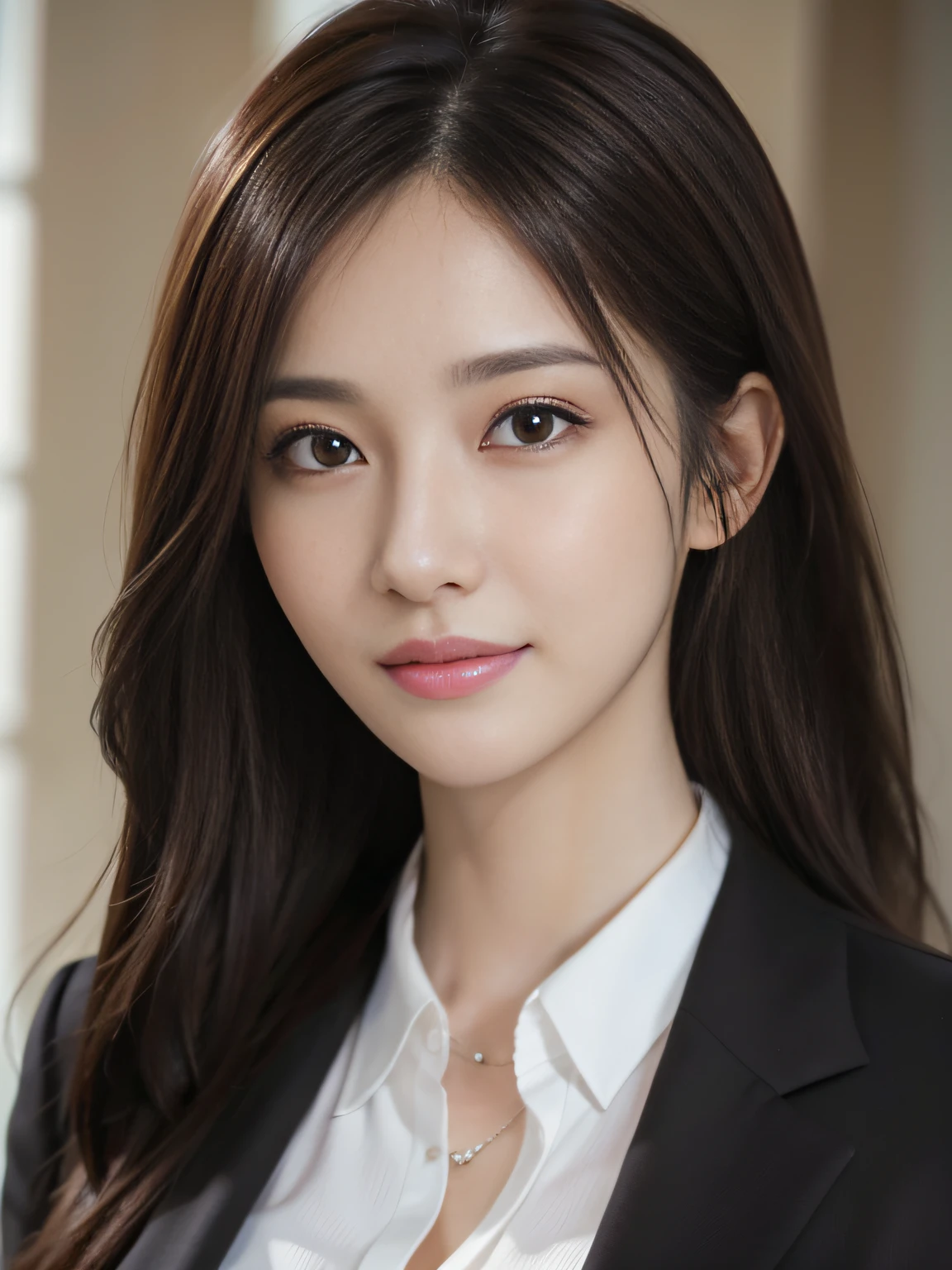 masutepiece, Best Quality, Photorealistic, Ultra-detailed, finely detail, High resolution, 8K Wallpaper, 1 beautiful woman,, light brown messy hair, in a business suit, foco nítido, Perfect dynamic composition, Beautiful detailed eyes, detailed hairs, Detailed realistic skin texture, Smiling, Close-up portrait, Model body type