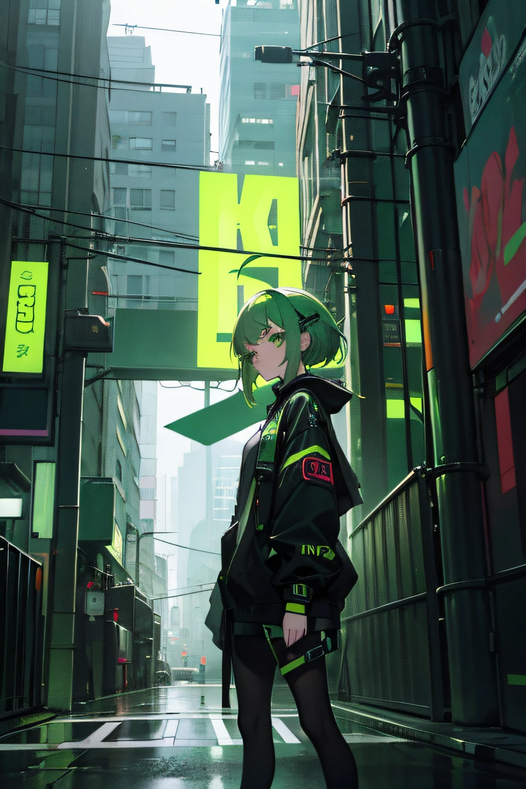 1 girl, streetwear, green hair, green eyes, neon, city, absurdres, high res, ultrasharp, 8k, masterpiece, aesthetic,