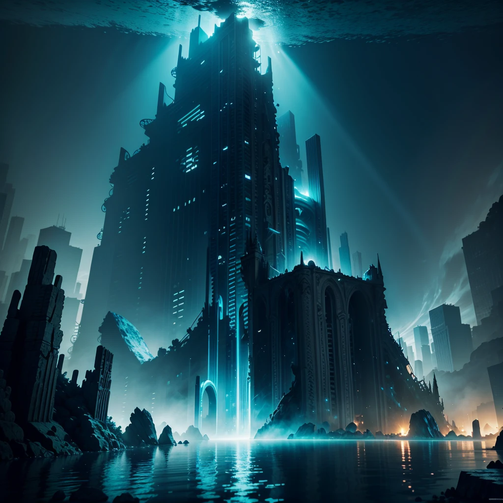 Lost city underwater at night, vividness, octave render, Cinematic lighting, otherworldly, highly detailed, best quality, 8 k wallpaper