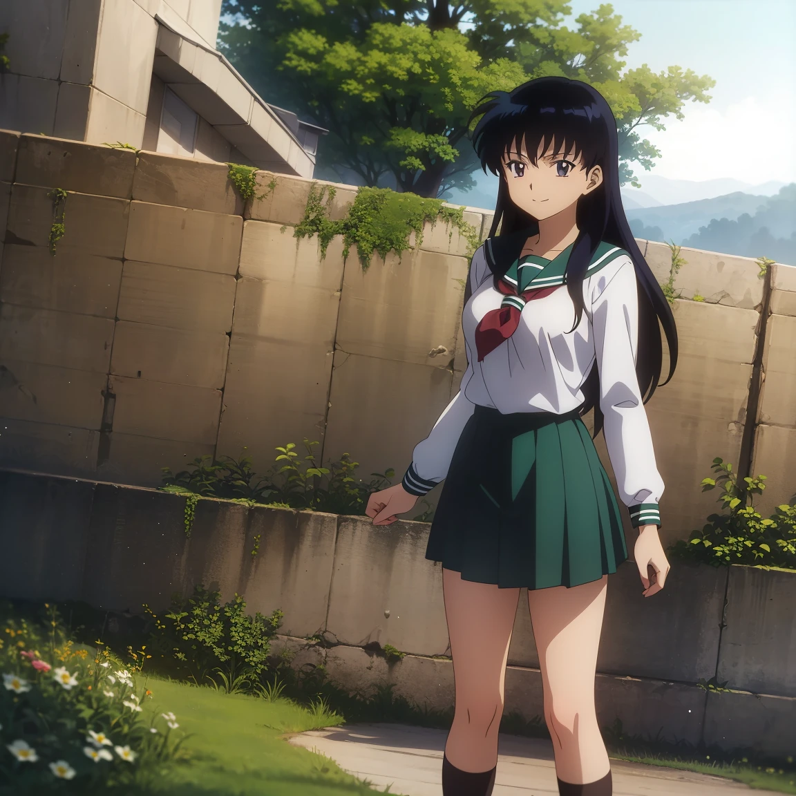 Best quality, masterpiece, HD, Kagome Higurashi, 1girl, school uniform, standing, full body, young girl, full body , ((Anime)), ((colored)), breast, smile