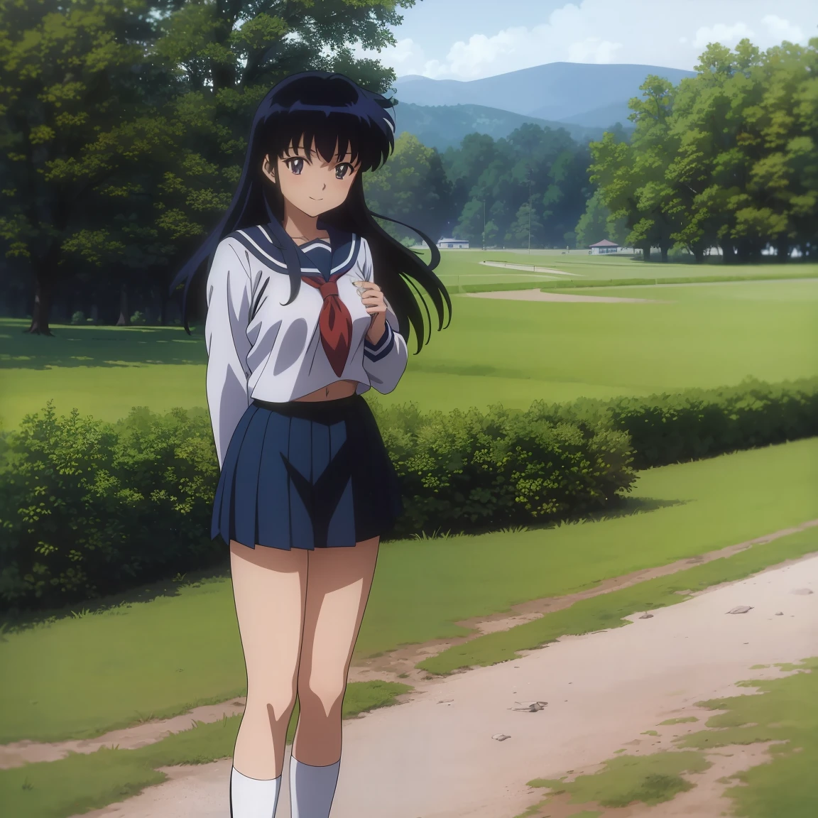 Best quality, masterpiece, HD, Kagome Higurashi, 1girl, school uniform, standing, full body, young girl, full body , ((Anime)), ((colored)), breast, smile