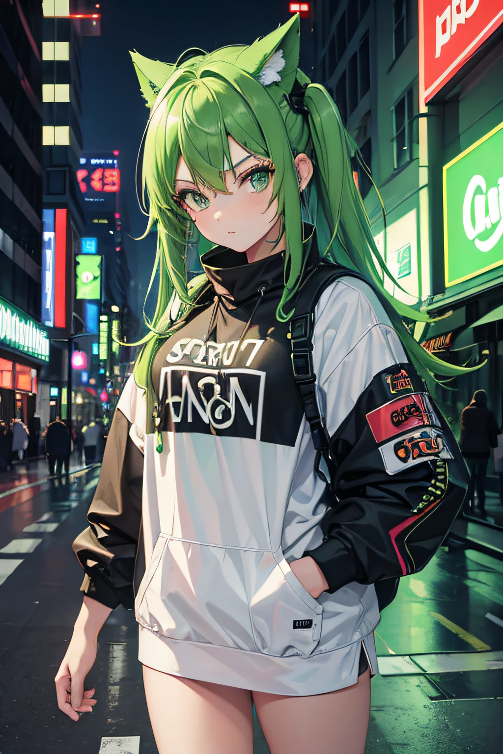 1 girl, streetwear, green hair, green eyes, neon, city, absurdres, high res, ultrasharp, 8k, masterpiece, aesthetic,