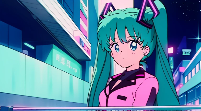 Wear Hatsune Miku's jacket,City neon light,looking at the stars