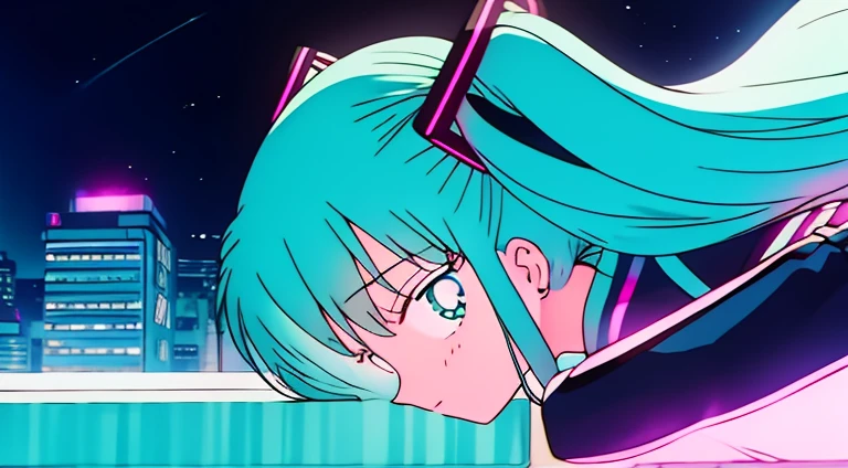 Wear Hatsune Miku's jacket,City neon light,looking at the stars