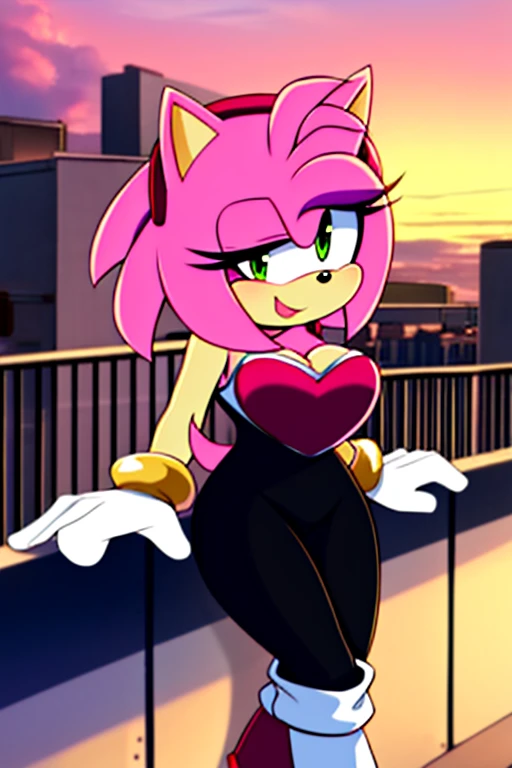 Amy Rose, 1 girl, solo, smile, green eyes, sky, outdoors, cloud, pink hair, sunset, bare shoulders, animal nose, black rubber bodysuit, pink heart on chest, cleavage, white gloves, white knee-high boots, city background, balcony, standing, sexy poses.