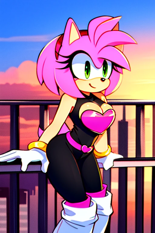 Amy Rose, 1 girl, solo, smile, green eyes, sky, outdoors, cloud, pink hair, sunset, bare shoulders, animal nose, black rubber bodysuit, pink heart on chest, cleavage, white gloves, white knee-high boots, city background, balcony, standing, sexy poses.